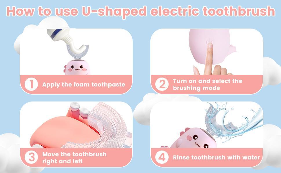 Kids U Shaped Electric Toothbrush with 4 Brush Heads, 360 ° Sonic Automatic Toothbrush with 3 Cleaning Modes, IPX7 Waterproof Cartoon Dinosaur Design (Ages 2-12)