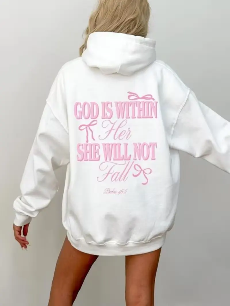 Loose White Christian 270G Fleece Lining Hoodie Women God Is Within Her She Will Not Fall Psalm 46:5 Pink Bow Print Coquette Aesthetic Faith Verse Sweatshirt Casual Church Outfit Fall Winter Spiritual Long Sleeve Hooded Pullover