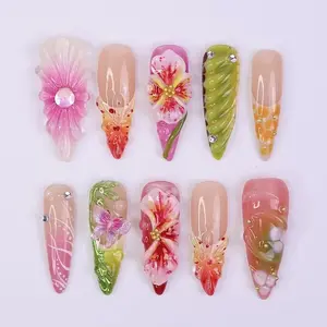 Serect Garden Long Almond Press On Nail, Trending 3d Flower Design Nail Art,Fake/Flase Nail for Birthday Holiday Vacation Nail Nail Art Kit Nail Box