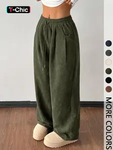 Women's Vintage Corduroy Adjustable Drawstring Pants, Loose-Fitting Basic Casual Autumn & Winter Bottoms, Casual Chic Ladies' Textured Long Trousers, Womenswear