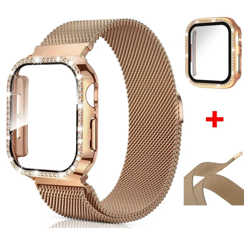 Milanese Loop Band & Diamond Cover Case for 40mm-49mm Smart Watches (Compatible with Series 1-11, 10 Ultra), Men's Wearable Accessories, Men's Accessories