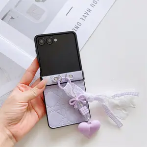 PU Leather Love Flower Wrist Strap Phone Case for Samsung Galaxy Z Flip 7 6 5 4 3 5G Flip7 FE Hinge Protection Shockproof Cover