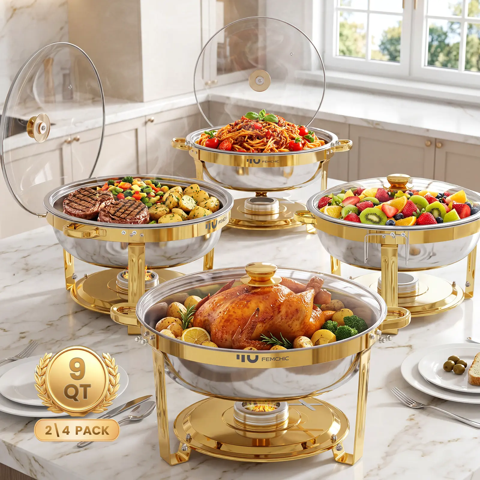 Femchic 9QT Gold Chafing Dish Buffet Set with Glass Lid, 2/4 Pack Stainless Steel Round Chafer Set, Stackable & Smooth Rim, for Commercial Catering, Parties, Weddings & Holiday Gatherings