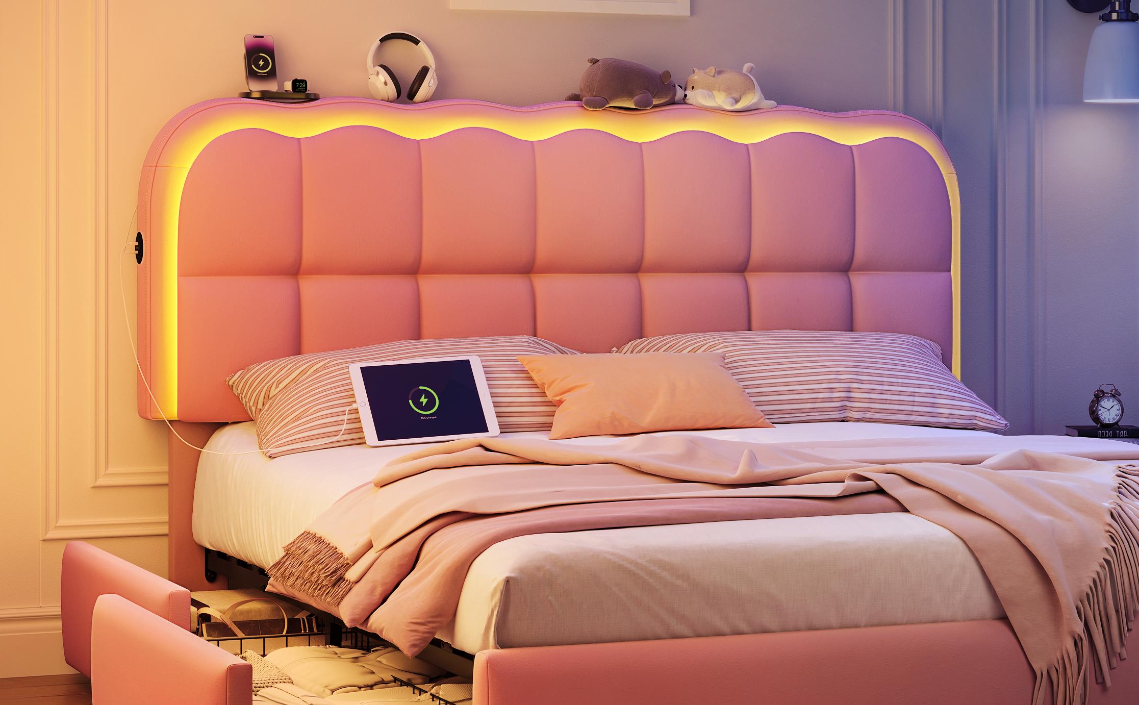 TryLazy LED Bed Frame with 4 Storage Drawers & USB Charging Station App Controlled Adjustable Headboard Lighting Modern Upholstered Platform Bed No Noise No Box Spring Needed Excellent Gift for Christmas and New Year TryLazy LED Bed Frame with 4 Storage Drawers & USB Charging Station App Controlled Adjustable Headboard Lighting Modern Upholstered Platform Bed No Noise No Box Spring Needed Excellent Gift for Christmas and New Year