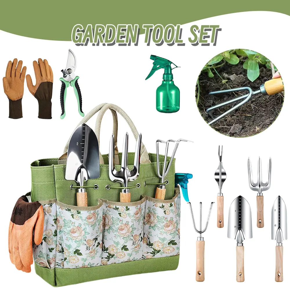 Gardening Tools 9Packs Garden Tools Set with Heavy-Duty Stainless Steel Hand Tools, Durable Storage Bag & Anti-Slip Rubber Gloves, Ideal Gardening Gifts for Women Men