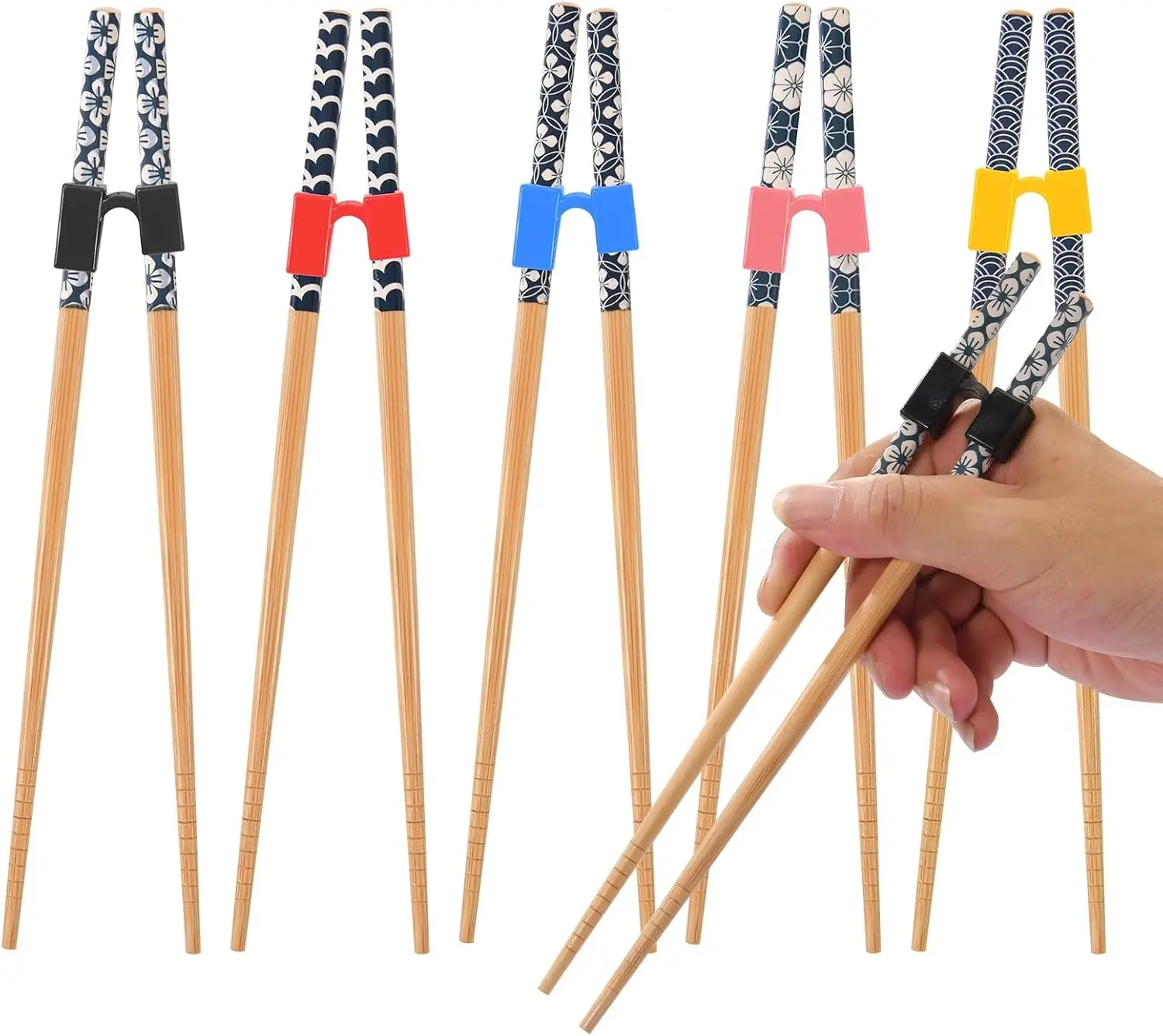 5 Pairs Reusable Learning Training Chopsticks Set for Children and Adults Beginners, With Assistant Trainer, Easy to Hold, Dishwasher Washable 8.86 Inches