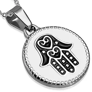 Stainless Steel Black Silver-Tone Hamsa Hand Protection Pendant Necklace