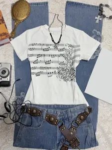 Women's Small Round Neck Basic Knitted Fit T-Shirt, Loose Short Sleeve, Soft Knitwear, Casual All Seasons Streetwear, Music Note Print, Back-To-School Style Top, Casual Basic Tees