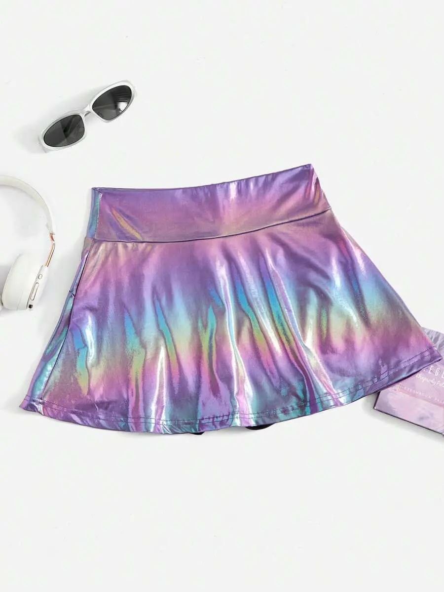 Women's Holographic PU Leather Flare Skirt High Waist Mini for Night Out and Concert Looks
