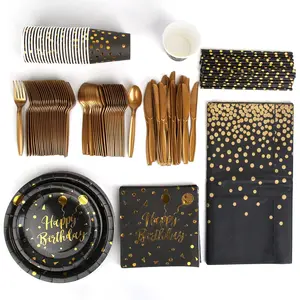 201PCS Black Gold Disposable Birthday Party Dinnerware Set for 25 Guests – Includes 9oz Cups, Straws, Napkins, Plates, Forks, Knives, Spoons & Tablecloth, Lightweight Disposable Tableware, Plate opener lid