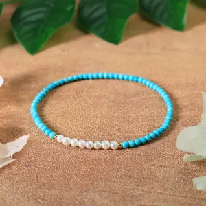 Natural Blue Turquoise & Pearls 4mm Beaded Dainty Crystal Blue Gemstone Healing Reiki Crystal Elegant Stretch Bracelet