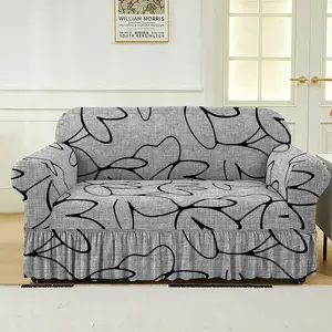 Stretchable Floral Sofa Cover with Fringe Skirt, Fits 1-3 Seater Armchair, Nylon/polyester Blend, All Seasons, Elastic Sofa Slipcover