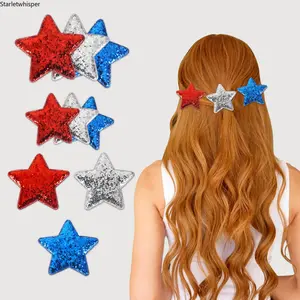 Independence Day Star Sequin Hair Clips, Red Silver Blue Alligator Barrettes, Patriotic Side Hair Pins for Adults and Kids, Great for Party Decor, Festival Events & Daily Styling