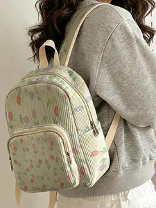1 piece of 'Colorful Tulip Pattern' 2D printed ladies' backpack, corduroy texture + layered storage + light weight reduction | Perfect for students to go to class/shopping/short trips | Combines atmosphere with practicality