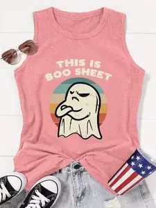Women's "This Is Boo Sheet" Letter Graphic Round Neck Tank Top, Fashion Casual Crew Neck Sleeveless Top for Daily Holiday Vacation Outdoor Wear, Ladies Clothes for Summer