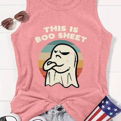 Women's "This Is Boo Sheet" Letter Graphic Round Neck Tank Top, Fashion Casual Crew Neck Sleeveless Top for Daily Holiday Vacation Outdoor Wear, Ladies Clothes for Summer