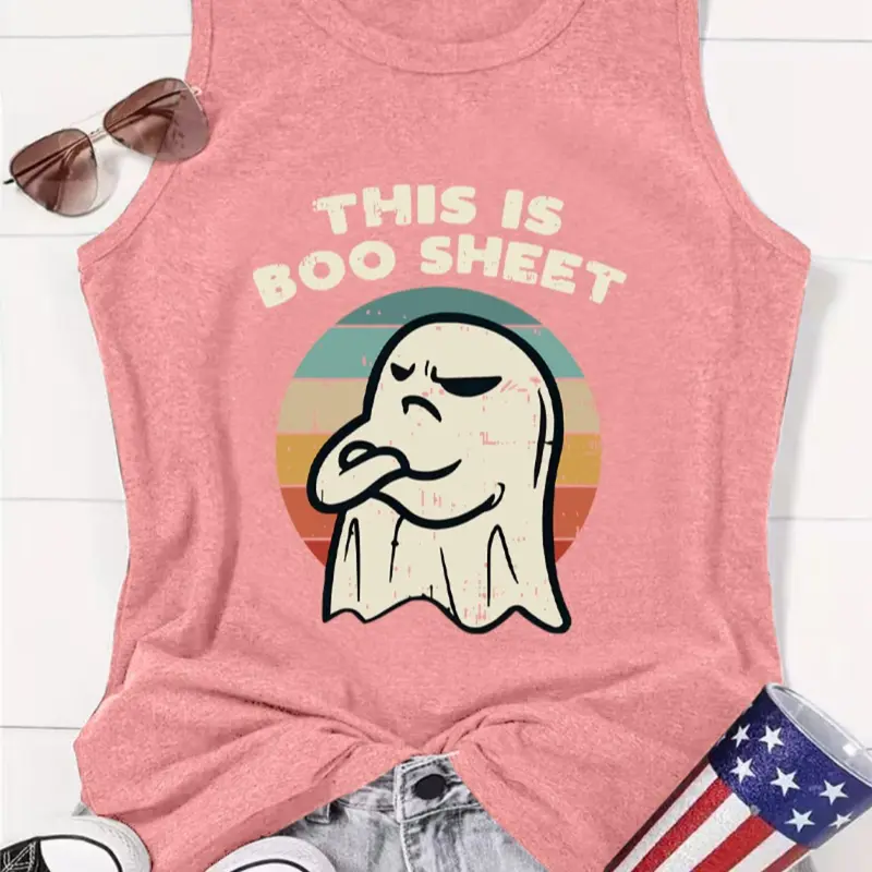 Women's "This Is Boo Sheet" Letter Graphic Round Neck Tank Top, Fashion Casual Crew Neck Sleeveless Top for Daily Holiday Vacation Outdoor Wear, Ladies Clothes for Summer