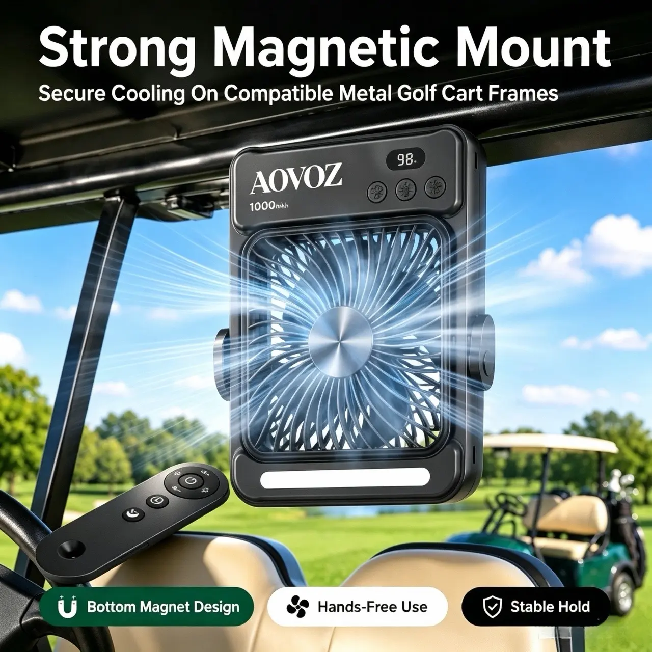 AOVOZ Magnetic Golf Cart Fan, 10000mAh Rechargeable Portable Fan with Remote Control & Night Light, Ultra-Slim 4-Speed Quiet Cooling Fan with Magnetic Hook Hands-Free Design for Golf Cart Accessories, Outdoor Golf, Camping & Travel