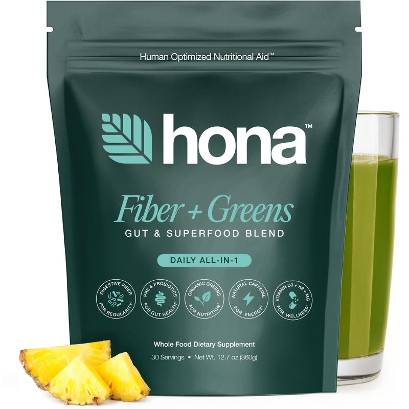 Hona Fiber + Greens – 8g of Fiber Per Serving to Promote Digestive Regularity, Reduce Bloating, and Support a Healthy Gut Microbiome - Enhanced with Pre & Probiotics, Chlorophyll, and Super Greens for Clean Energy, Immune Support, and Daily Vitality