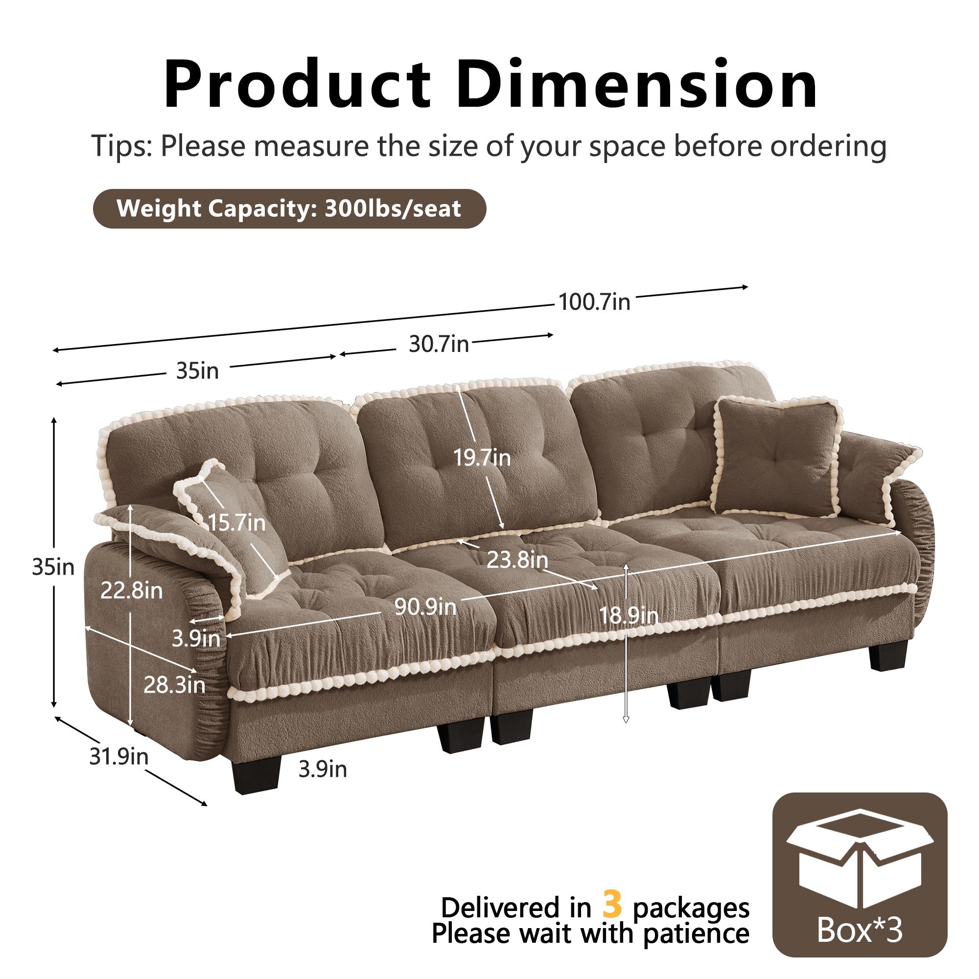 Eyisean 100.7in Chenille Modern Modular Sectional Sofa Furniture - 3-Seater U-Shaped Comfy Couch with Fixed Arms, Armrest Pillow, Back Cushion, 2 Movable Ottomans, Pom-Pom Trim Quilted Tufted Deep Seat, Ergonomic for Living Room Decor, Small Spaces, Ottom