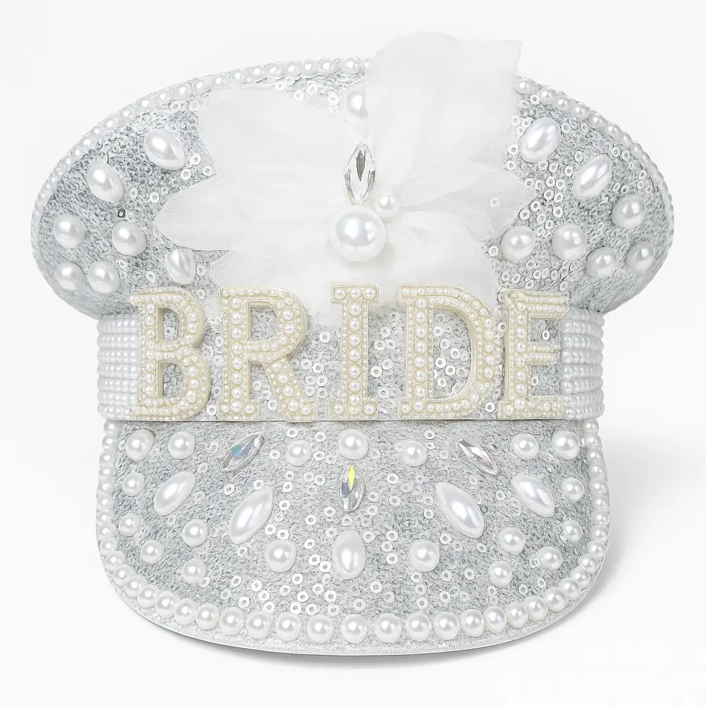 White Sequin & Pearl Bridal Captain Hat with Detachable Veil • Disco Bachelorette Party Hat • Iridescent Rhinestone Bride Accessory