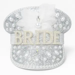 White Sequin & Pearl Bridal Captain Hat with Detachable Veil • Disco Bachelorette Party Hat • Iridescent Rhinestone Bride Accessory