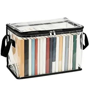 Clear Book Storage Bag, Waterproof Zippered Comic Books Organizer Collapsible Book Display Case with Lid and Reinforced Handle for Book DVD Blu Ray Disc Clothing