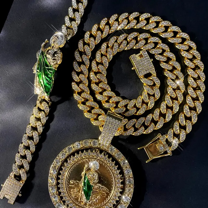 Rhinestone Decorated Saint Jude Rotatable Pendant Necklace & Charm Bracelet Chain Set, Fashion Jewelry for Party, Daily Decor, Trendy All-match & Exquisite Jewelry for Birthday Gift, Fashionable Jewelry Set, Necklaces Set, Jewelry Men