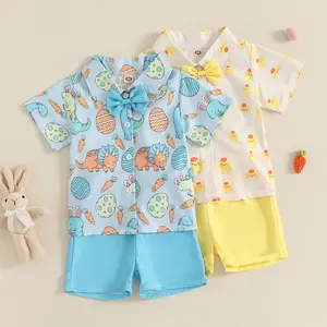 Canrulo Toddler Baby Boy Easter Outfit Short Sleeve Egg Carrot Chick Print Button Down Shirt Solid Shorts 2Pcs Summer Clothes Set