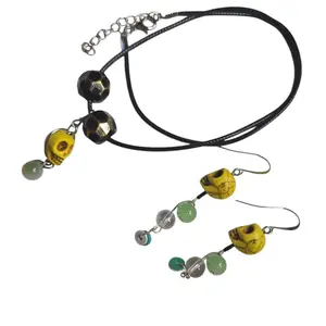 Skeleton Jewerly Set of Necklaces and Earrings with Unique Yellow and Green Beads on Black Cord Spiral Pendant Necklace with Spiral Earrings Set