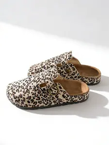Women's Leopard Print Mule Slippers, Adjustable Buckle, Round Toe, Flat Sole, Casual Indoor Shoes, Comfortable and Durable, Perfect for Daily Use