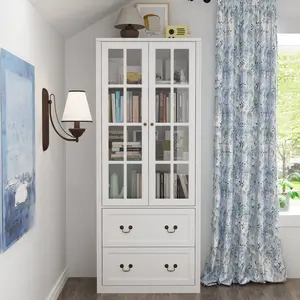 FUFU&GAGA 78.7" H Bookcase Bookshelf with 4-Tier Shelves, 2 Drawers & 2 Glass Doors, Wooden Display Storage Cabinet for Home Office, Living Room, White Organizer Decorative