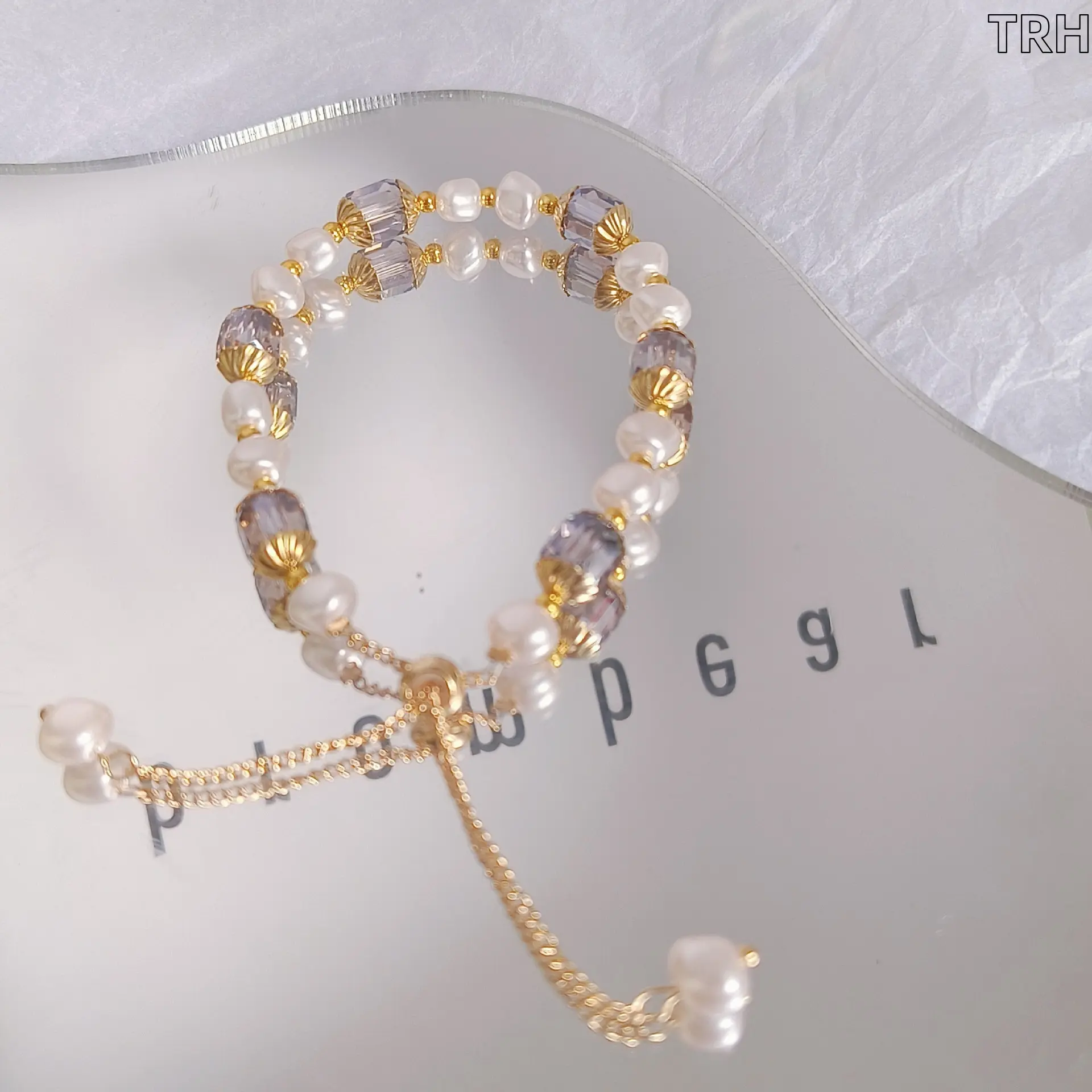 Vintage Baroque Pearl & Smoky Crystal Slide Adjustable Bracelet for Women, Dainty Two-Tone Beaded Wrist Chain, Elegant Stackable Delicate Jewelry for Daily Wedding Party Bridal Gift