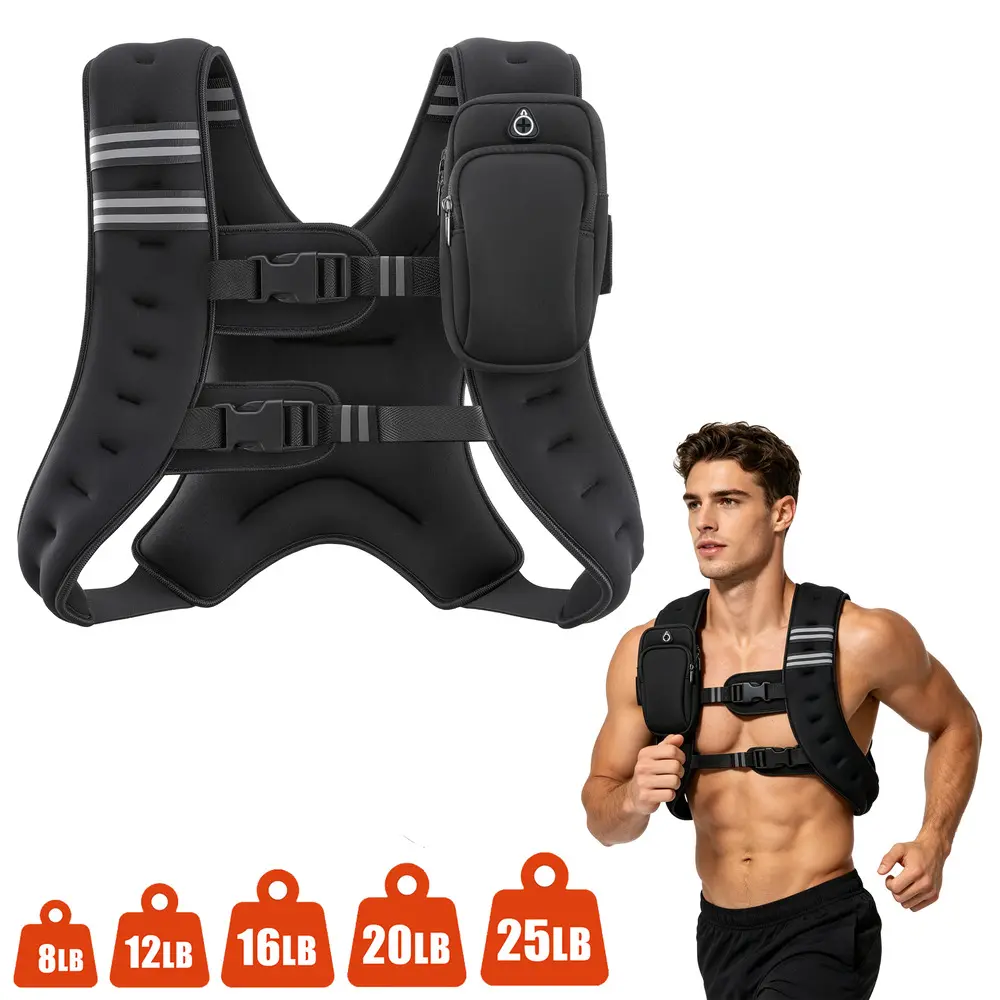 Weighted Vest 8lbs 12lbs 16lbs 20lbs 25lbs Even Load Balance Running Vest Reflective Strip, Dual Adjust Buckles Workout Equipment Home Fitness Strength Train