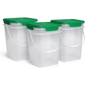 4 Gallon Square Food Grade Bucket Pail with Plastic Handles and Lid (Pack of 3) Made in USA containers (4G SQ Clear - Green lids)