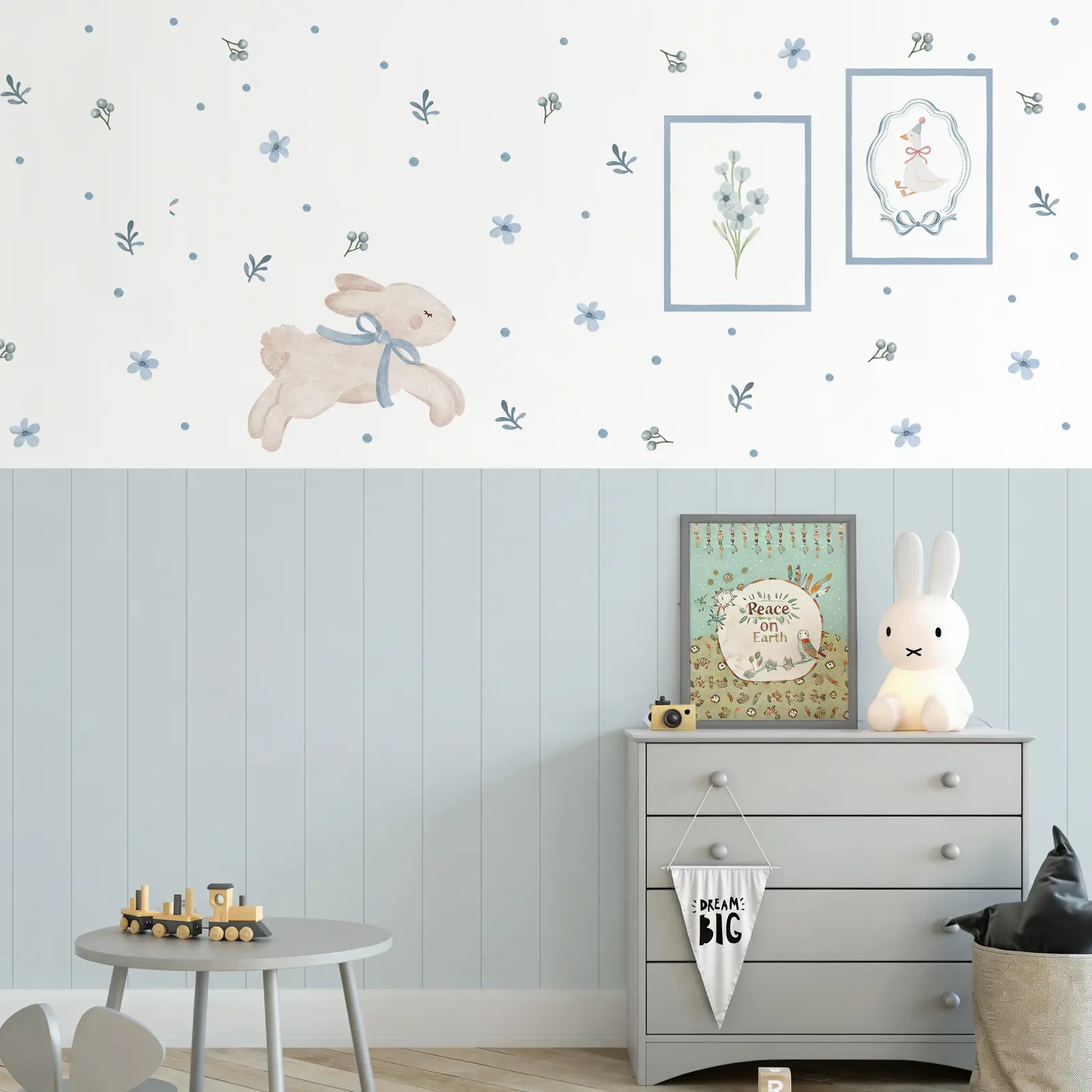 Renter-Friendly Blue Floral Bunny Peel-and-Stick Wallpaper Set - Waterproof Textured Accent Wall Decals, Quick Renovation Wall Panels with Rabbit Stickers for Kids Rooms, Berries Decor