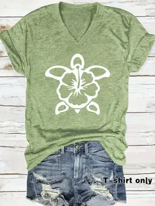 Women's Turtle Print Vintage Casual Summer Top, V Neck Short Sleeve Animal Print T-Shirt, Comfortable Breathable, Loose Fit, S-Xxl