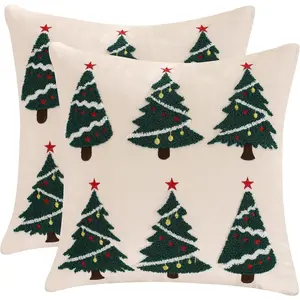 Christmas Pillow Covers 18x18 Set of 2 Christmas Tree Decorative Beige Pillow Cases Winter Holiday  Embroidered Cushion Covers for Couch Sofa Bed