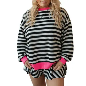 Women’s Plus Size Striped Sweatshirt and Shorts Set – Casual Two-Piece Outfit