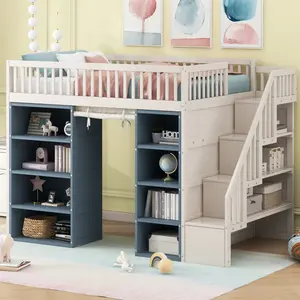 Full Size Loft Bed with Stairs and 2 Four-Layer Storage Cabinets and Curtain, White+Blue