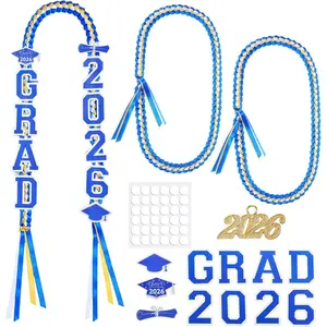 Graduation Ribbon Leis Set Class of 2026 Handmade Double Braided Necklace Adjustable Includes Silk Leis Grad Cutouts 2026 Pendant for Graduation Party Accessories(Blue,White,Yellow)
