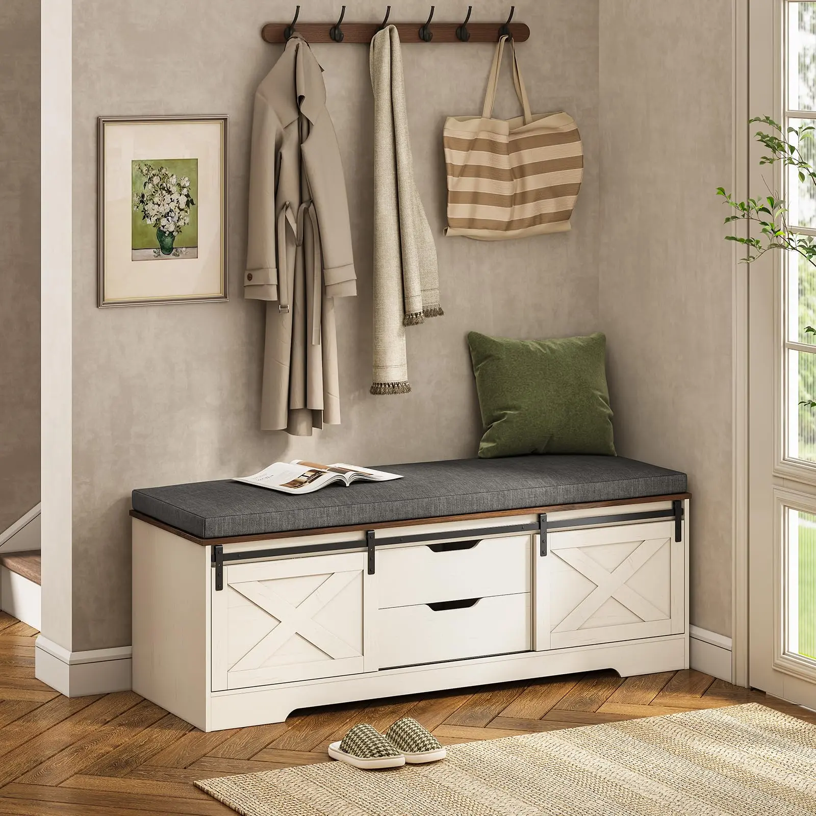 60“ Farmhouse Storage Shoe Bench with Cushion, Shoe Rack Bench with 2 Slide Barn Doors, 2 Drawer and Adjustable Shelf for Entryway, Bedroom, Living Room, Hallway (White Brown)