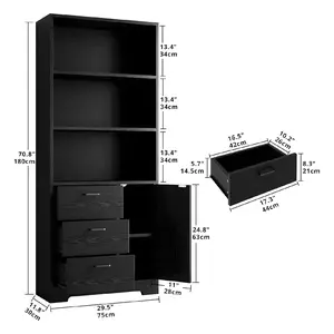 Bookshelf with Door and 3 Drawers-71in Tall Bookcase Shelf with 3-Tier Shelves-for Bedroom Living Room Entrance Hallway Home Office Black