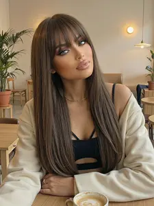 24inch Long Straight Brown Wig with Bangs | Natural Looking Heat Resistant Synthetic Hair for Daily Wear Pre Cut Wigs