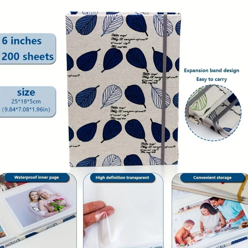 Large Capacity Vintage Linen Boho Photo Album 6 Inch 200 Pages, Floral & Leaf Pattern Fabric Scrapbook with Strap, Perfect for Family, Wedding, Travel, Anniversary, Birthday, Valentine's Day, Christmas, Halloween & Thanksgiving Gift