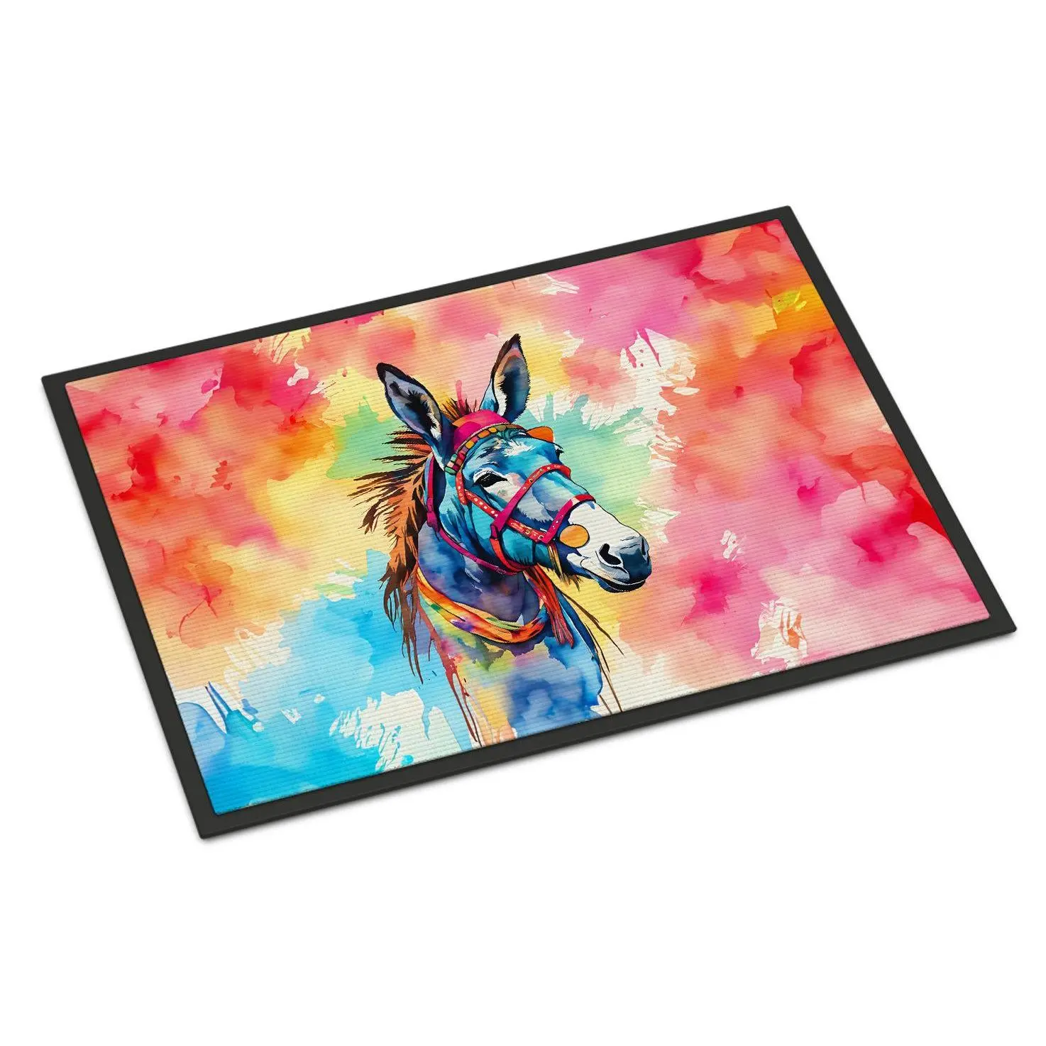 Hippie Donkey Doormat, Animals Themed Donkey Art Design, Polyester Felt Weatherproof Household Rug, 24x36 in