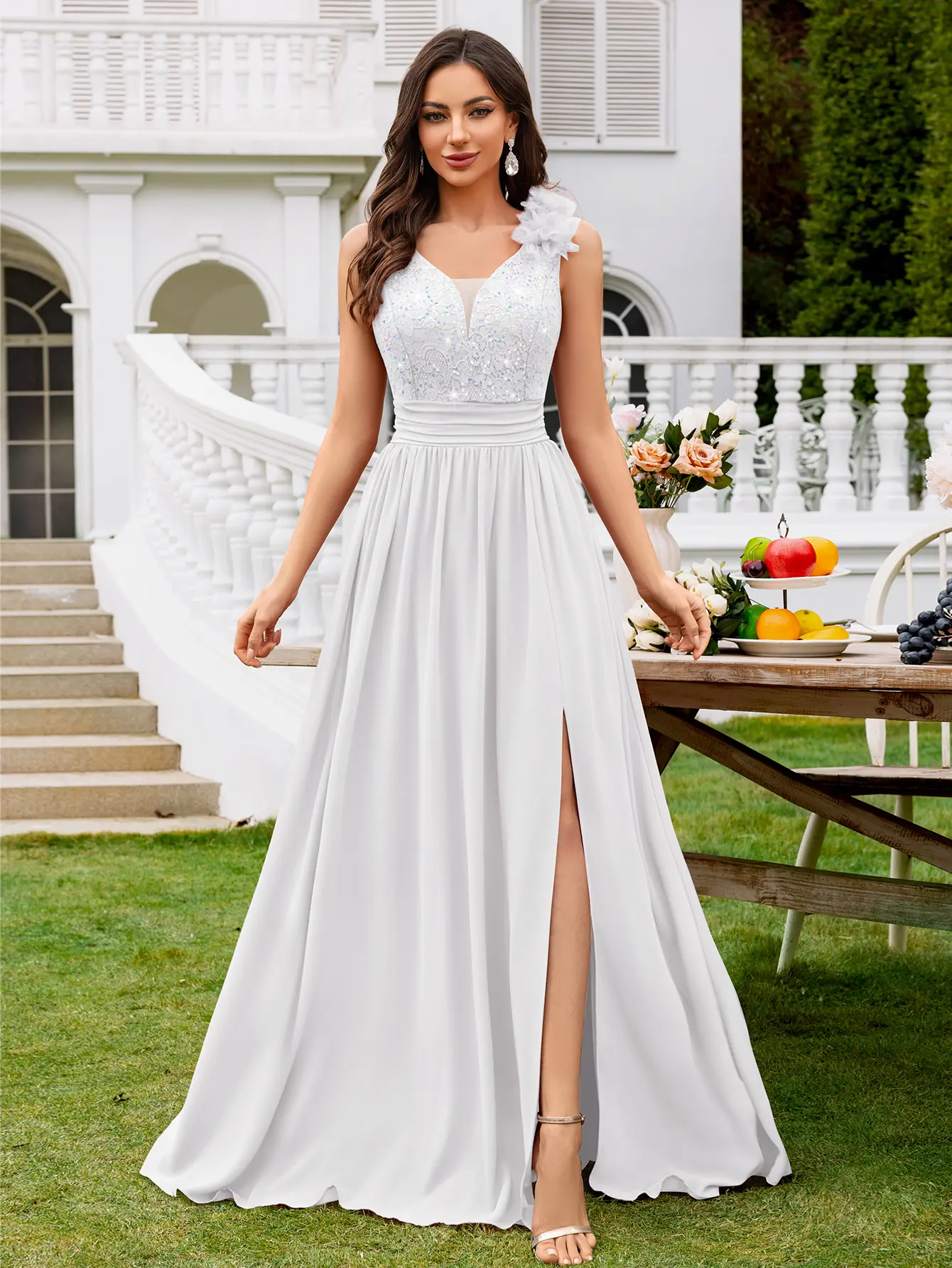 Miusol 24451A Women's Chic Elegant Glitter Sequin Lace Chiffon Formal Gown  - Sleeveless, Deep V-Neck, Ruched, Thigh Split, Well-Fit, Prom Dresses for  Spring/Summer Wedding Guest Events - TikTok Shop