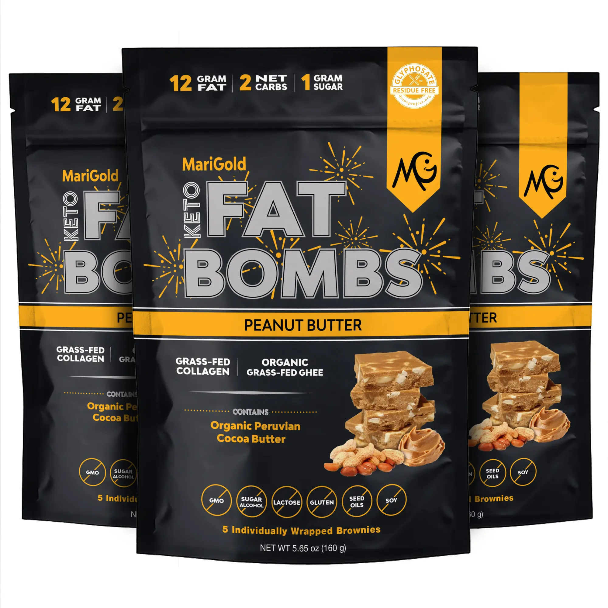 MariGold Keto Fat Bombs, Peanut Butter, 3-Pack (15 Bars) – Low Carb, Low Sugar, Collagen Protein, Grass-Fed Ghee, Organic Cocoa Butter, Gluten-Free, Non-GMO