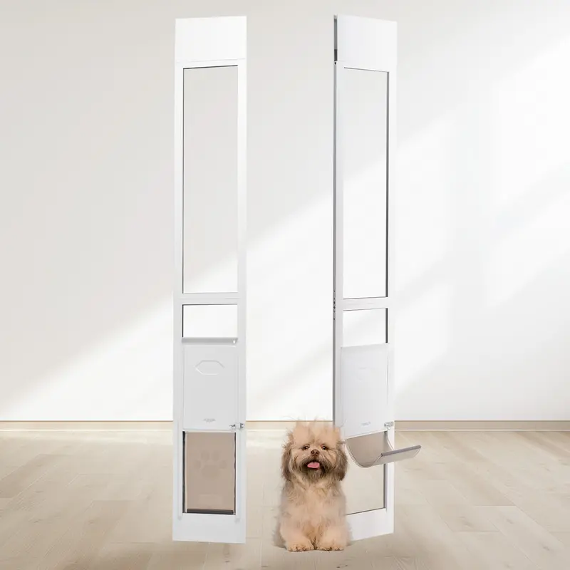 VEVOR Sliding Glass Pet Door, 75.875"-80.6875" Adjustable Height Aluminum Frame with 311.2mm Tempered Glass, Hinged Flap & Lock for Small Dogs