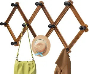 Retro Style 14Inch Accordion Hat Rack for Wall Expandable Coat Rack Wall Mounted Hat Holder Wooden Wall Hanger with 10 Peg Hooks for Coats Baseball Caps Keys Mugs